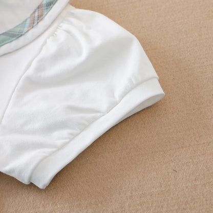 Sommer-Set für Mädchen im Alter von 2–6 Jahren mit weißem Oberteil und grünem kariertem Rock-Kombination für Kinder im Preppy-Stil mit kurzen Ärmeln