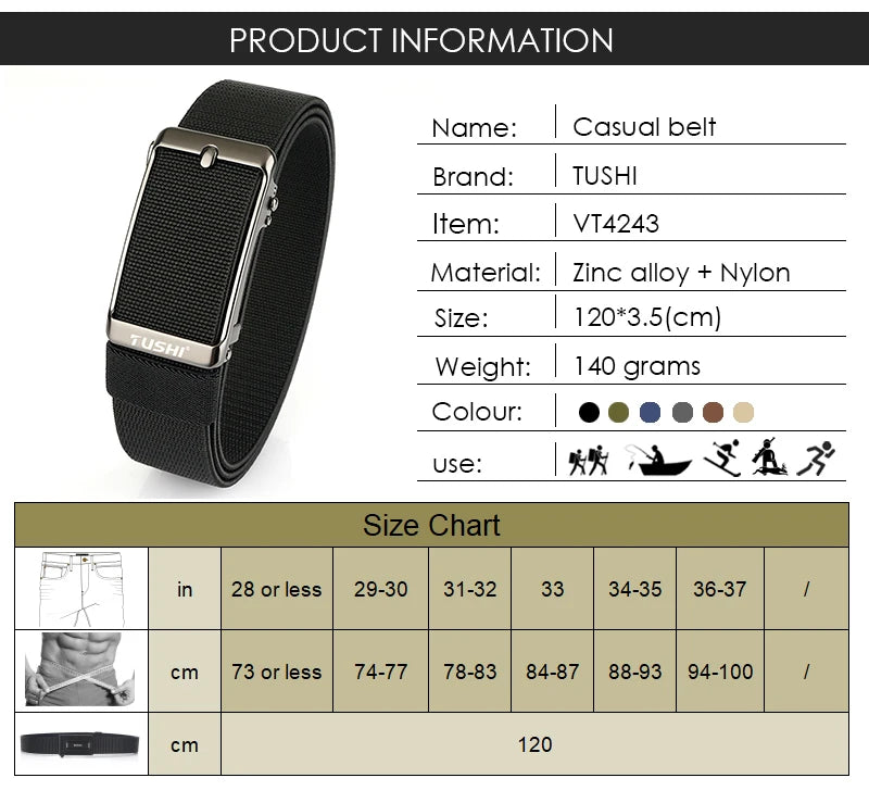 Unisex-Gürtel aus Nylon mit elastischer Passform und Automatischer Metallschnalle
