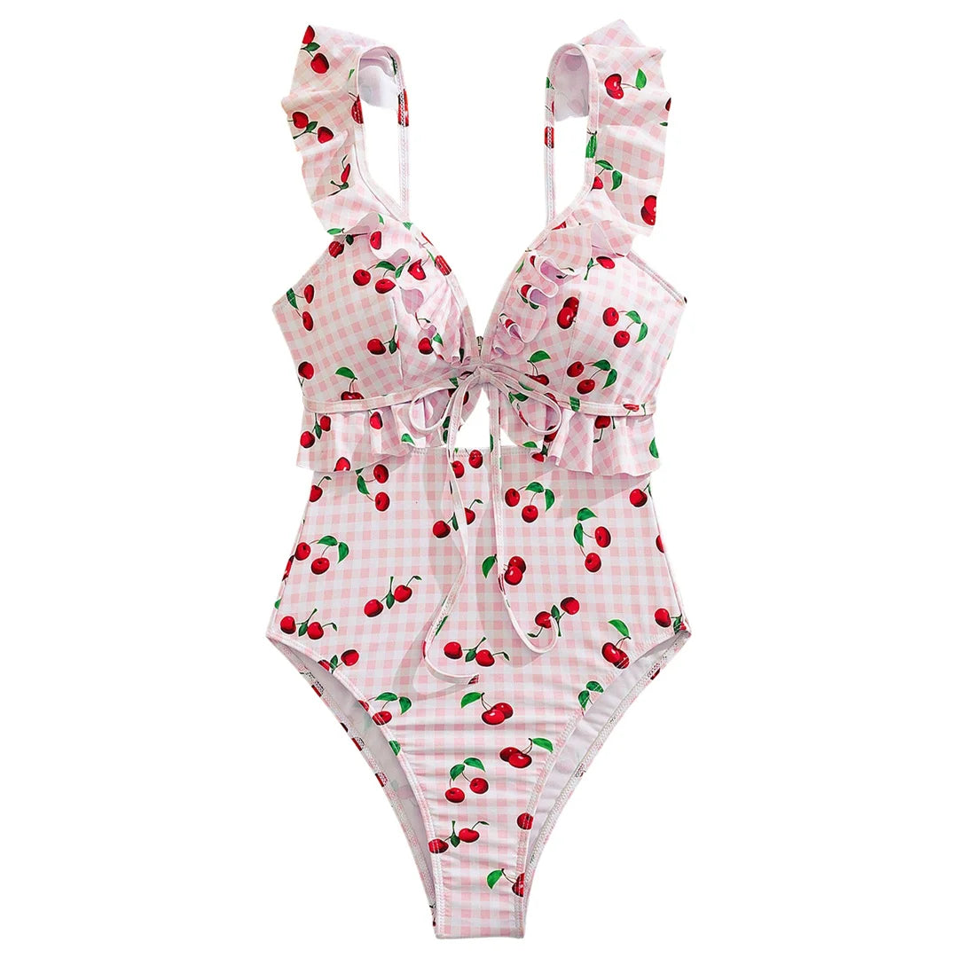 Damen Badeanzug Kirschen Karo Cut-Out Rüschen hoher Beinausschnitt Monokini