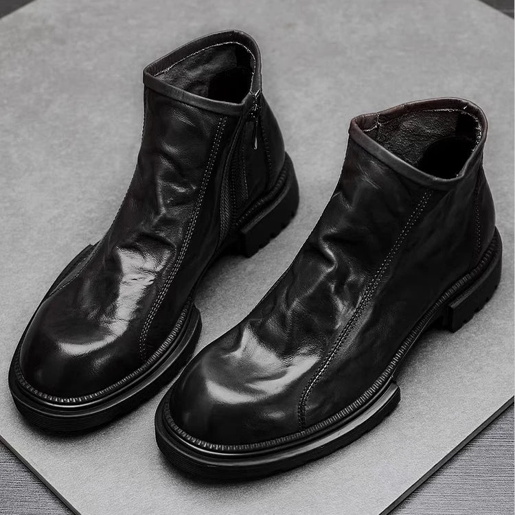 Herren-Chelsea-Boots aus Leder, schwarze Optik, seitlicher Reißverschluss, dicke Sohle