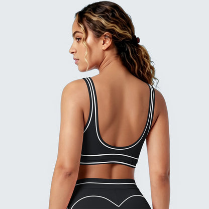 Damen-Yoga-Top mit Racerback, rundem Rückenausschnitt, schwarzes Design mit Kontrastkanten