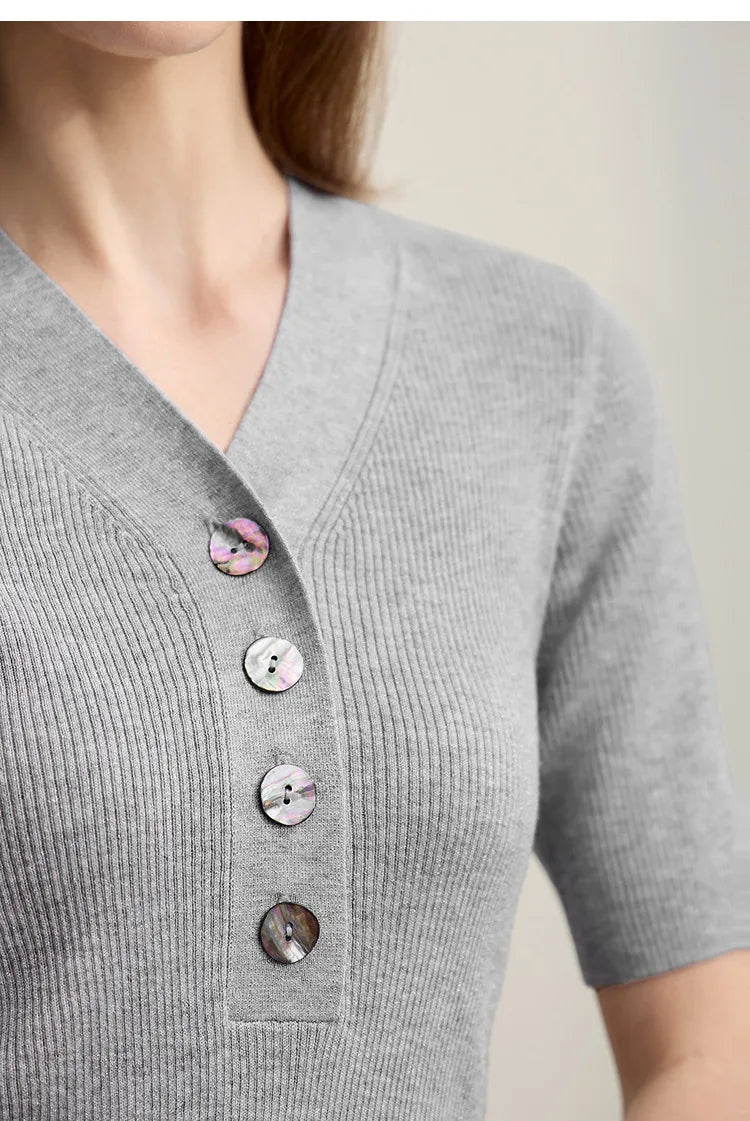 Damen V-Ausschnitt Pullover Wolle-Mix Halbarm Slim Frühling-Herbst