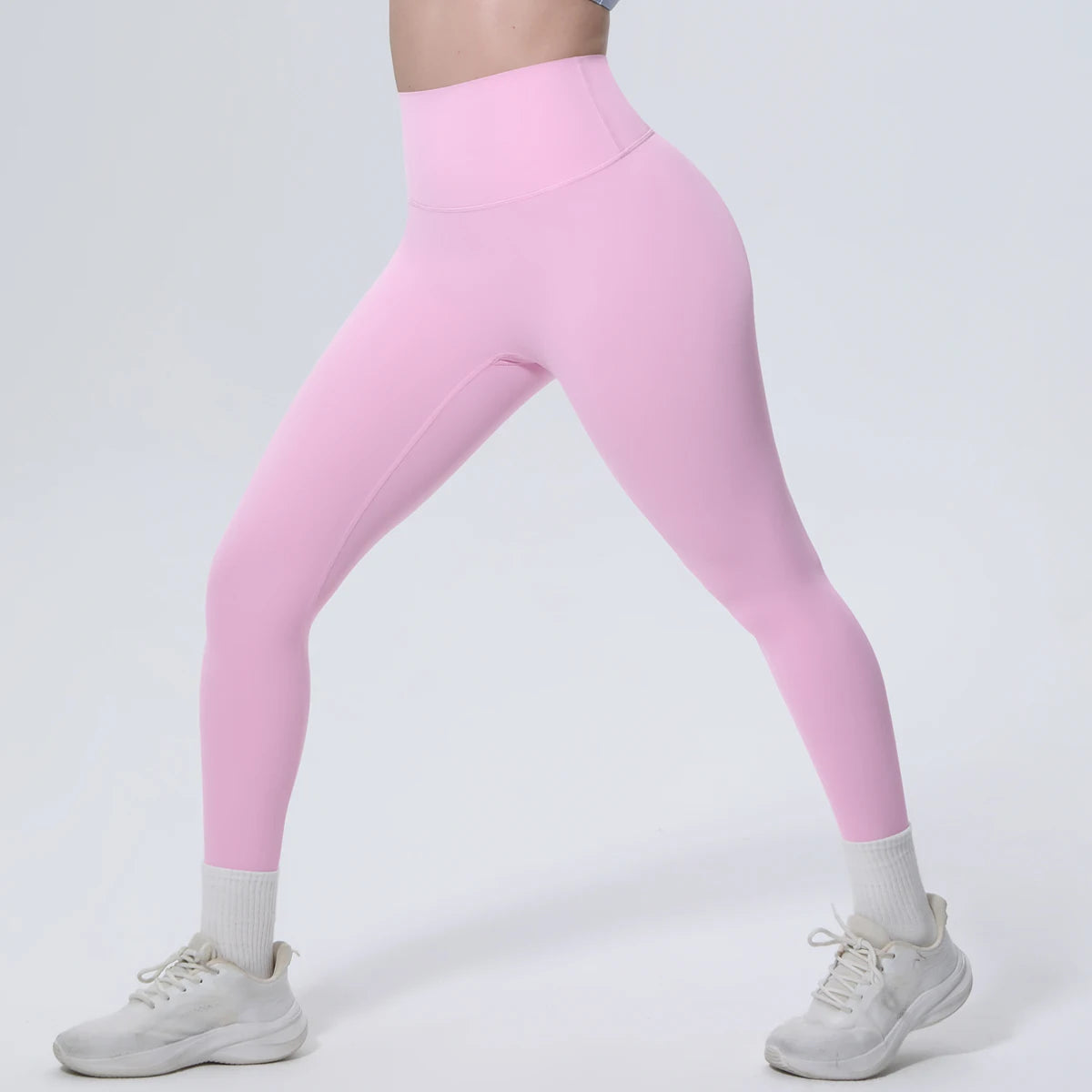 Rosa Yoga-Leggings, hoher Bund, seitliche Ansicht, eng geschnitten