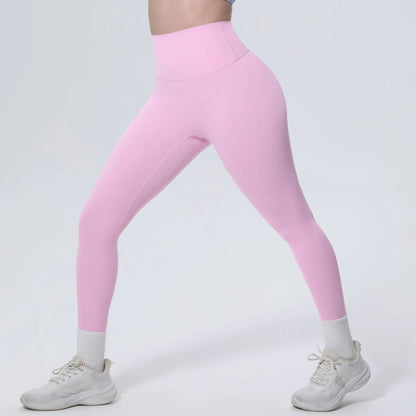 Rosa Yoga-Leggings, hoher Bund, seitliche Ansicht, eng geschnitten