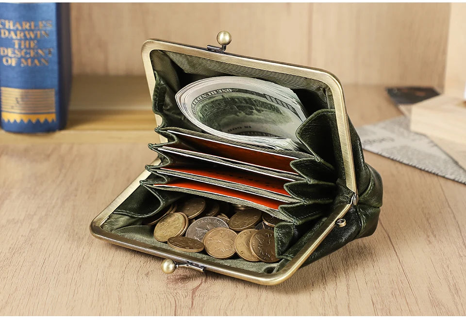 Damen Echtleder Münzbörse Vintage Fuchs Stickerei Klickverschluss Kartenfächer