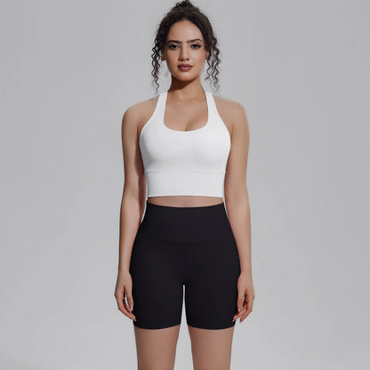 Damen-Yoga-Set: weißes Top und kurze Leggings in Schwarz