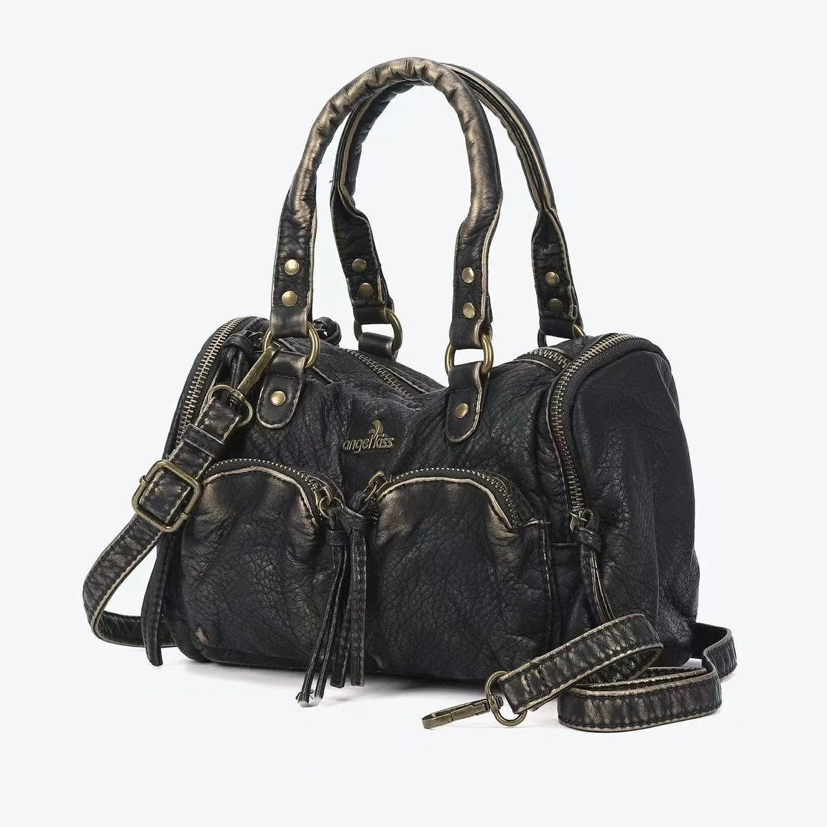 Damen-Umhängetasche in Vintage-Lederlook mit Mehrfachfächern und Top-Griff Reißverschluss
