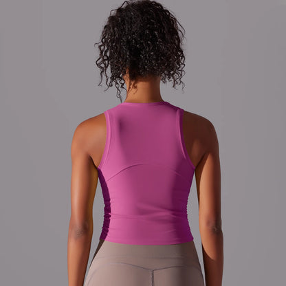 Fuchsiafarbenes Yoga-Tanktop für Damen, Rückenansicht, ärmellos, tailliert