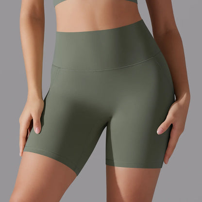 Yoga-Shorts mit hoher Taille, dunkelgrün, kurze Passform, Po-Formnähte