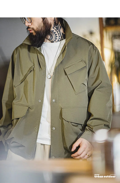 Herren Jacke Urban Outdoor Große Taschen Grüne Lässige Revers Jacke
