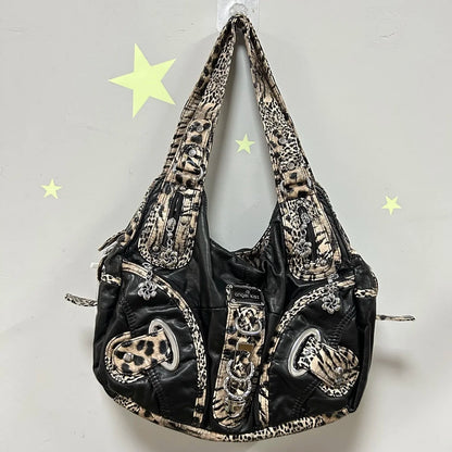 Damen-Schultertasche Leopardenmuster mit Vintage-Charme und Top-Handle-Design für Alltag
