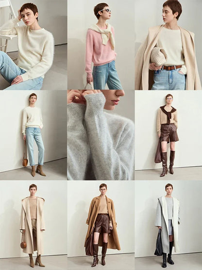 Kaschmirpullover-Kollektion mit O-Ausschnitt in mehreren Farben, lange Ärmel