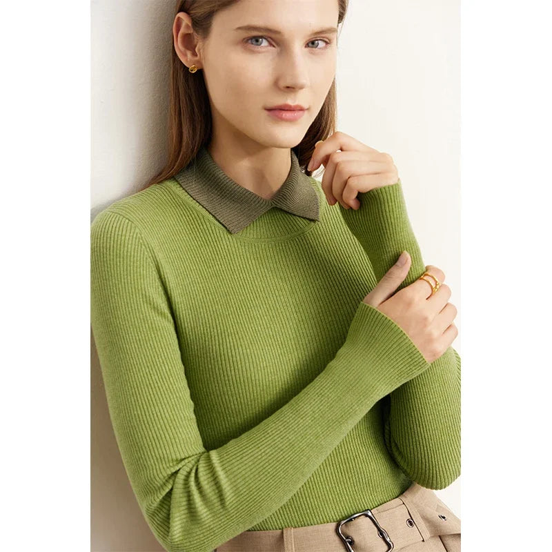 Damen-Pullover aus Strick mit V-Ausschnitt und Umlegekragen, matcha-grün, schmal geschnitten