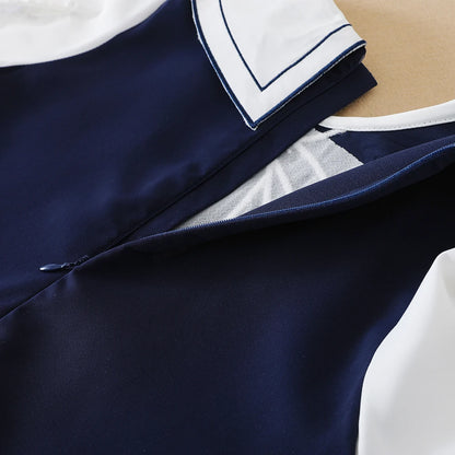 Marineblaues Mädchenkleid mit weißem Kragen und Schleife, kurzärmliges, plissiertes Kleid im Schulstil, Kinderkleidung für 5–12 Jahre