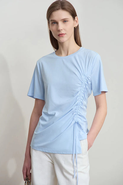 Damen Sommer T-Shirt mit Rundhals und Kordelzug in lässiger Form