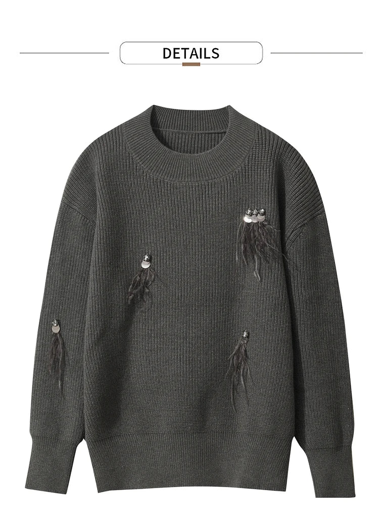 Damen-Rundhalspullover Perlen Strassapplikation locker Winter