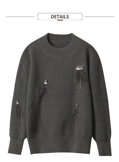Damen-Rundhalspullover Perlen Strassapplikation locker Winter