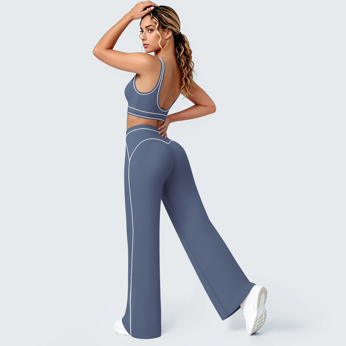 Damen-Yoga-Set mit Sport-BH und weiter Hose, dunkelblau mit hellen Kontrastlinien