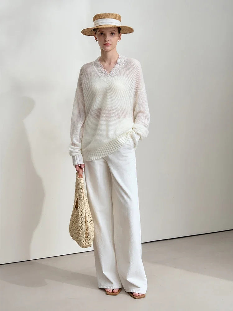 Damen V-Ausschnitt Pullover Mohair Spitze locker mittellang Frühling