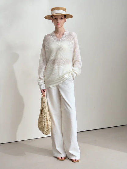 Damen V-Ausschnitt Pullover Mohair Spitze locker mittellang Frühling