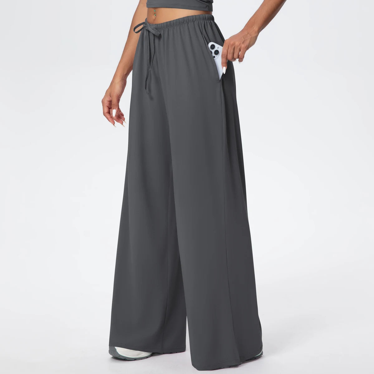 Yoga-Hose Damen, hoher Bund mit Kordel, locker fallend, dunkelgrau