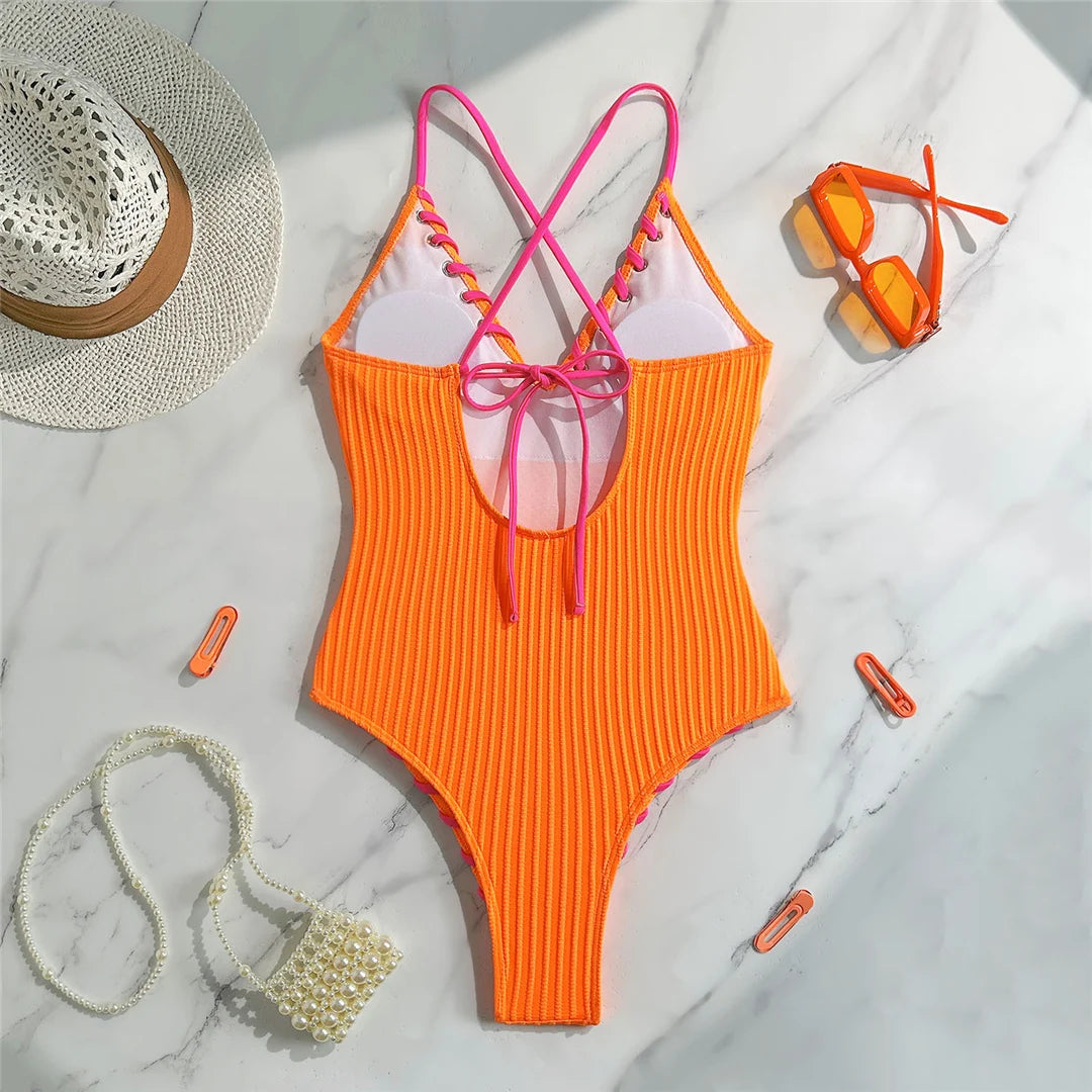 Damen Badeanzug V-Ausschnitt Rippen Kreuzrücken hoher Beinausschnitt Monokini 5 Farben