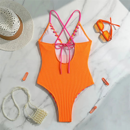 Damen Badeanzug V-Ausschnitt Rippen Kreuzrücken hoher Beinausschnitt Monokini 5 Farben