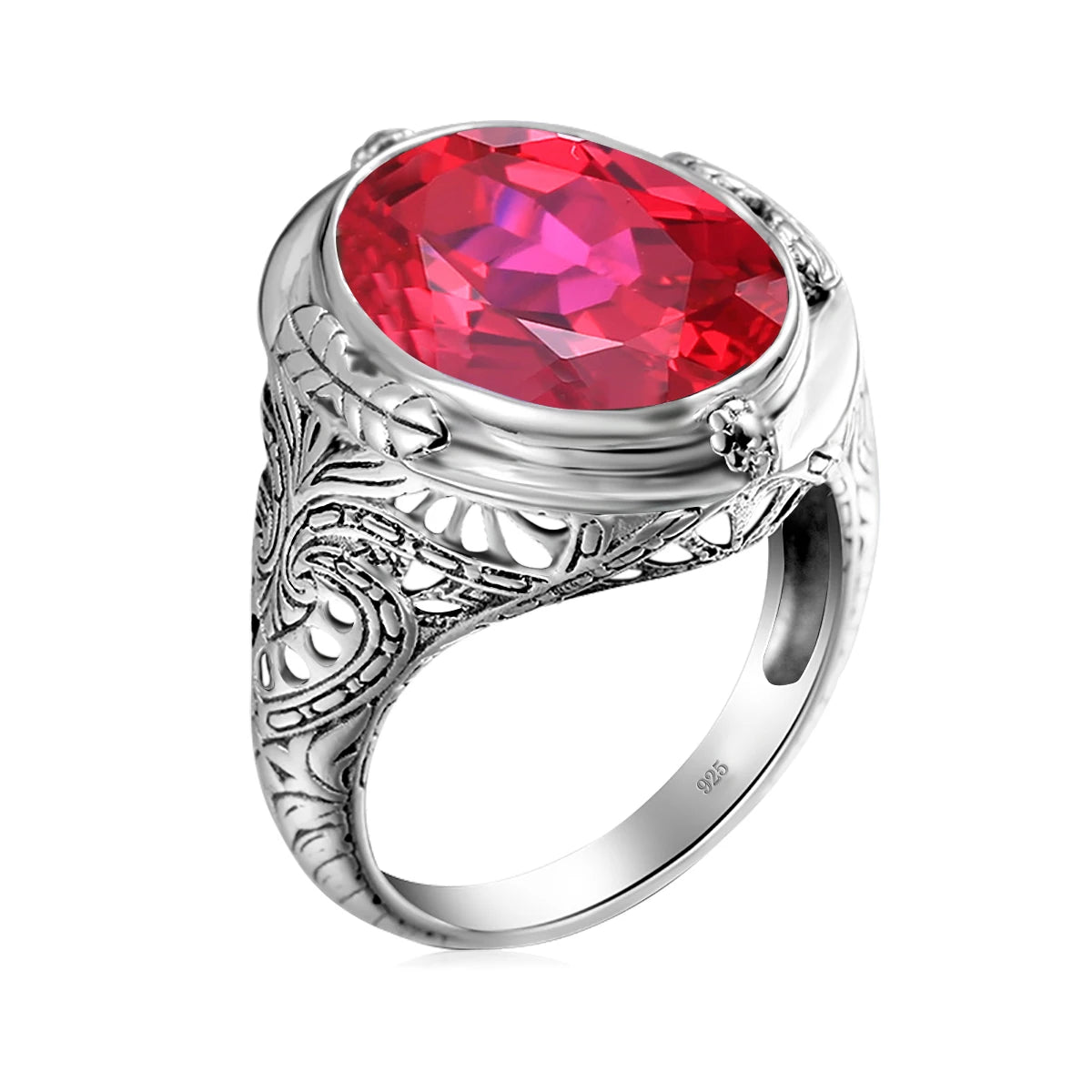 Unisex-Granat-Ring Großer Granatstein 14×18 mm Silber 925 Byzantinisches Design Feines Schmuckstück