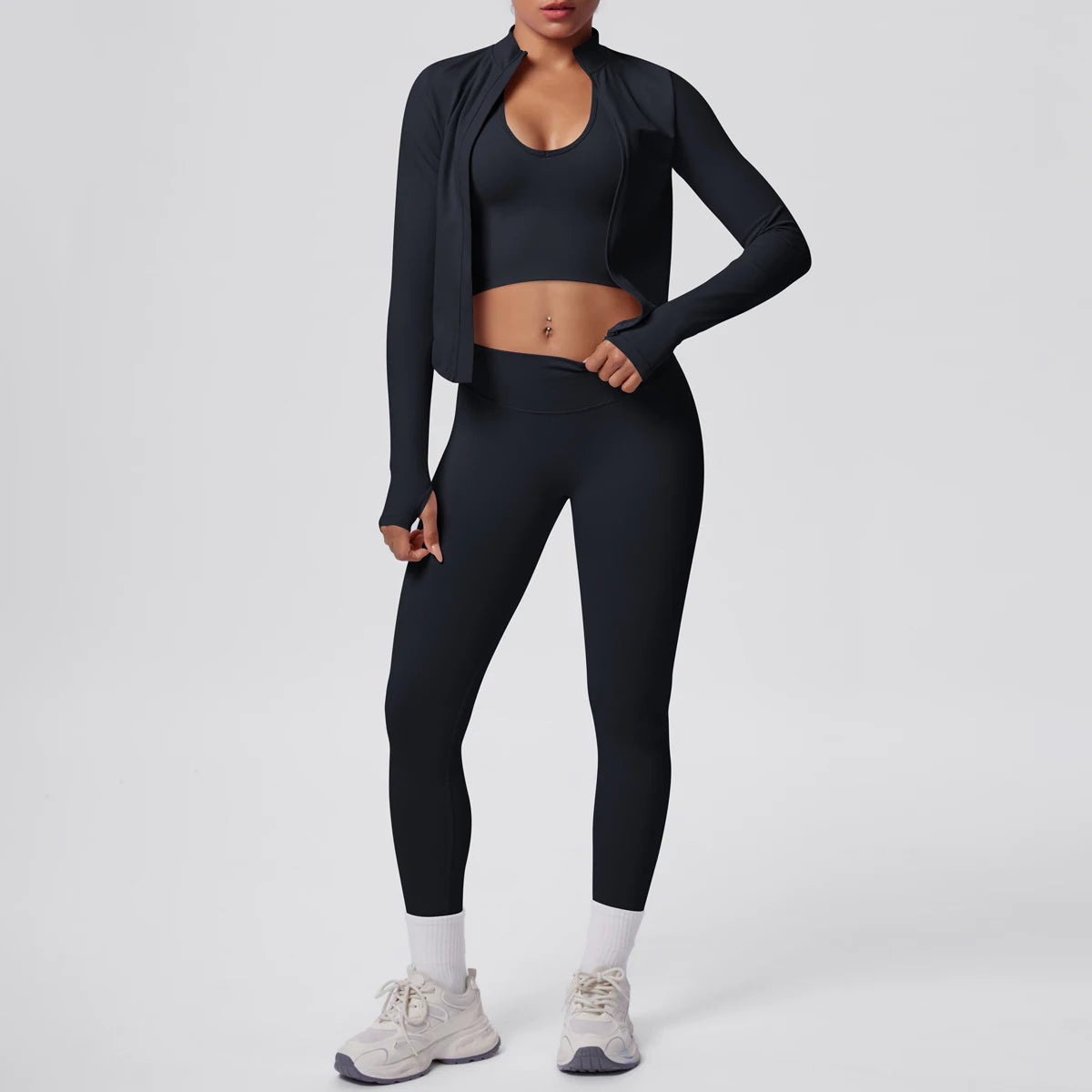 Yoga-Set: Push-up-Top & High-Waist-Leggings mit Langarmjacke, Schwarz