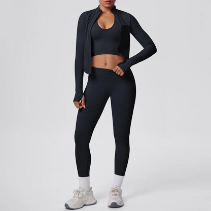 Yoga-Set: Push-up-Top & High-Waist-Leggings mit Langarmjacke, Schwarz