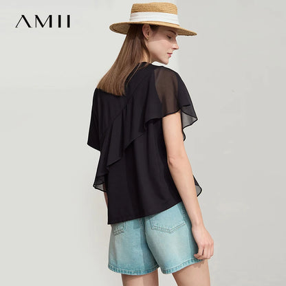 Damen Sommer-T-Shirt mit kurzen Schmetterlingsärmeln und Rundhalsausschnitt