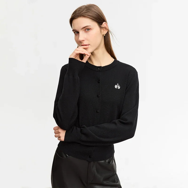 Damen-Rundhals-Strickjacke Wolle-Seide Perlenstickerei Knöpfe Herbst-Winter