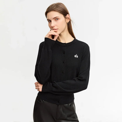 Damen-Rundhals-Strickjacke Wolle-Seide Perlenstickerei Knöpfe Herbst-Winter