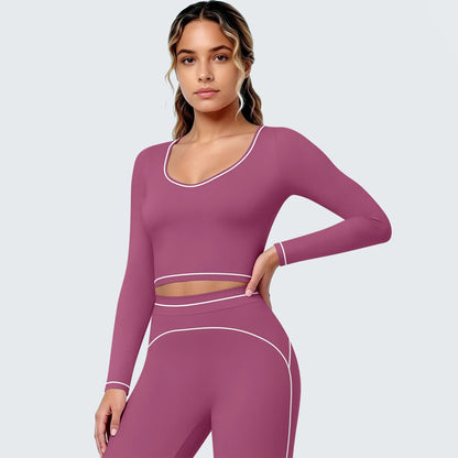 Lila-braunes Yoga-Langarmshirt mit V-Ausschnitt und kontrastierenden Paspeln