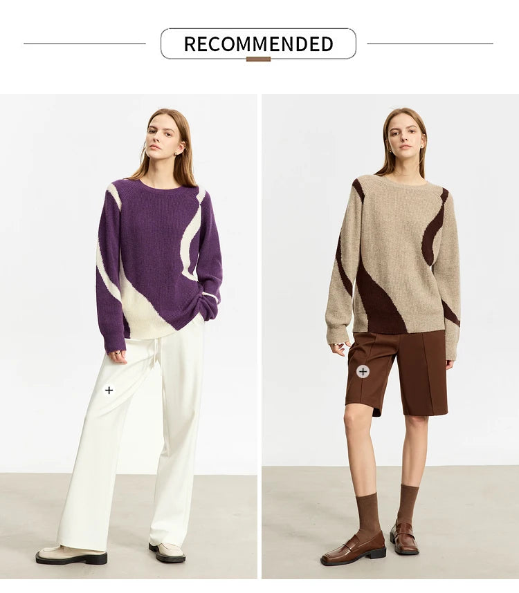 Damen-Rundhalspullover Wolle Yak asymmetrisch Patchwork locker Winter