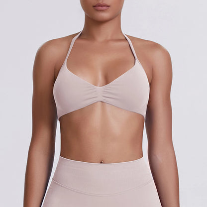 Yoga-BH mit Nackenriemen für Frauen, rosé, Triangel-Cups, geraffte Mittelnaht