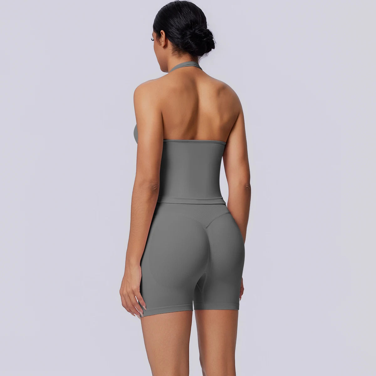 Damen Yoga-Set (3-teilig) mit Bandeau-Top und Shorts, grau