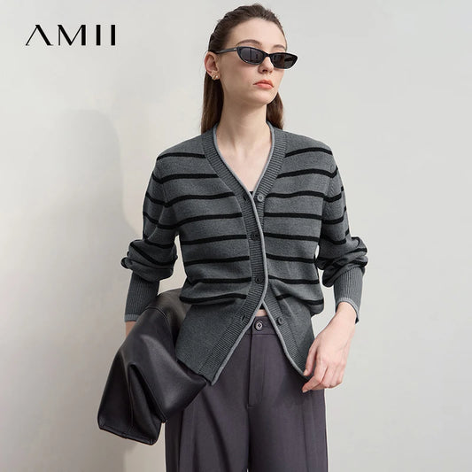 Damen-Strickjacke Streifen V-Ausschnitt locker Wolle Herbst-Winter
