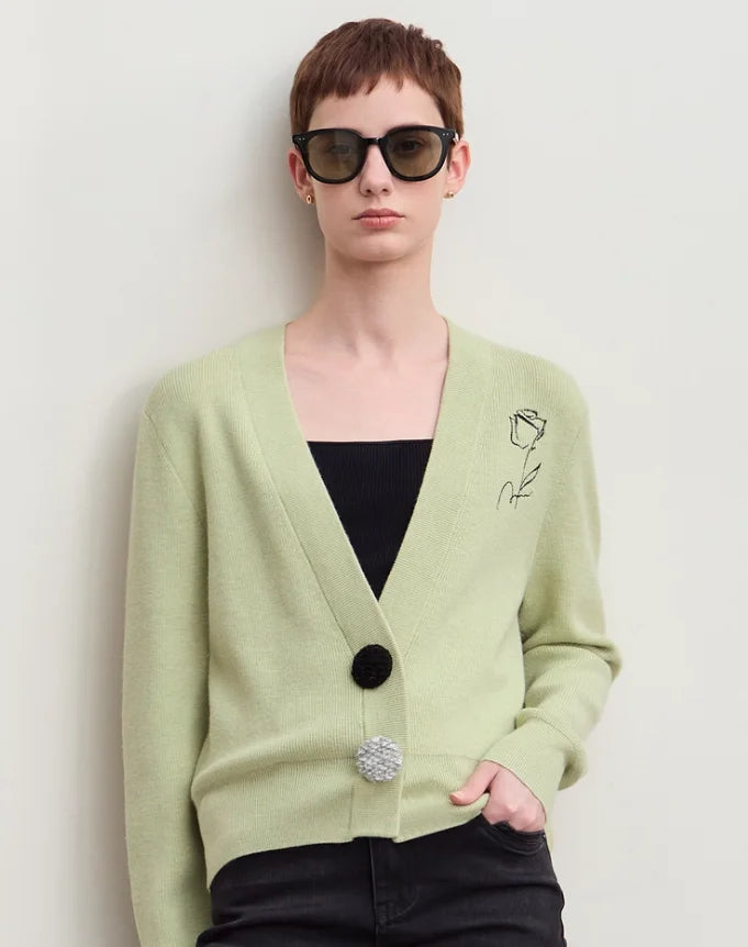 Damen-Strickjacke V-Ausschnitt Stickerei locker Langarm Herbst