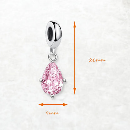 Rosa Tropfen-Charm-Anhänger aus 925er Sterlingsilber mit pinkem Stein, 26 mm