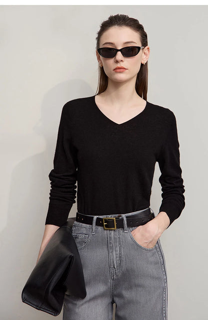 Damen V-Ausschnitt Pullover 100 % Wolle vielseitig Langarm Herbst