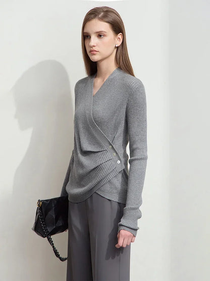 Damen V-Ausschnitt Pullover plissiert Muschelschnalle Wolle Herbst