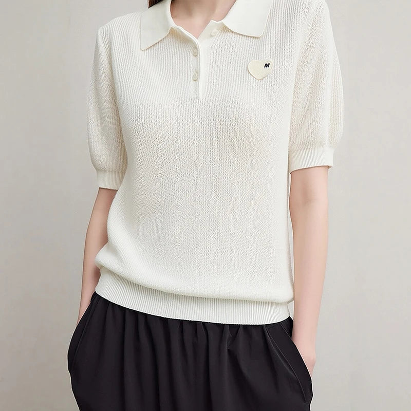 Damen-Strickpullover mit Polokragen und Knopfleiste, kurzarm, cremefarben