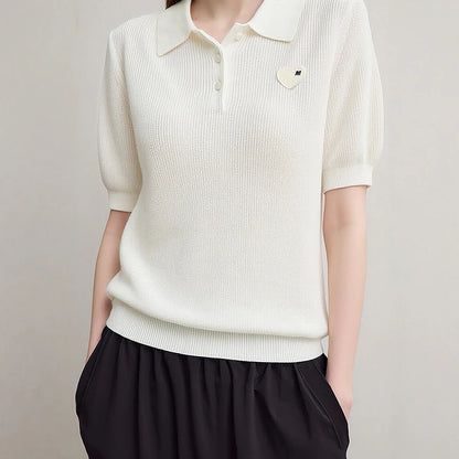 Damen-Strickpullover mit Polokragen und Knopfleiste, kurzarm, cremefarben