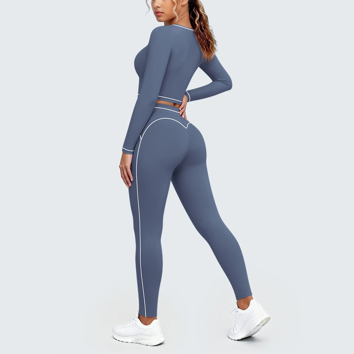 Damen-Yoga-Set dunkelblau: Langarm-Top mit Cut-out am Bund, Leggings