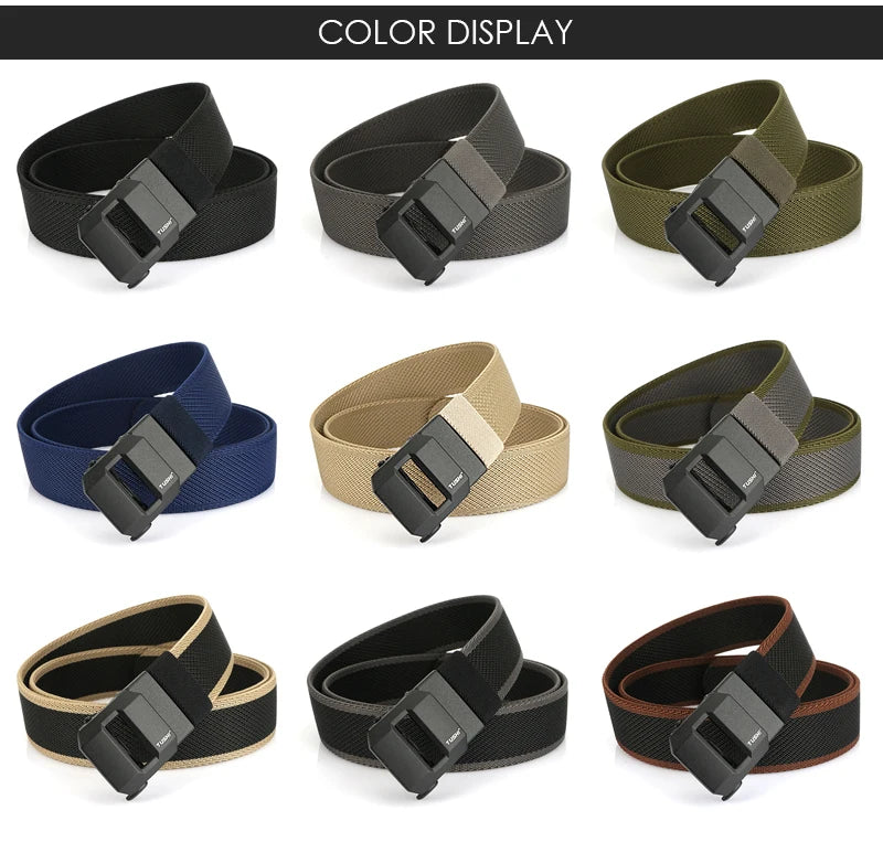Unisex-Gürtel aus elastischem Nylon mit mattschwarzer Schnalle in 38 mm Breite und Tragekomfort