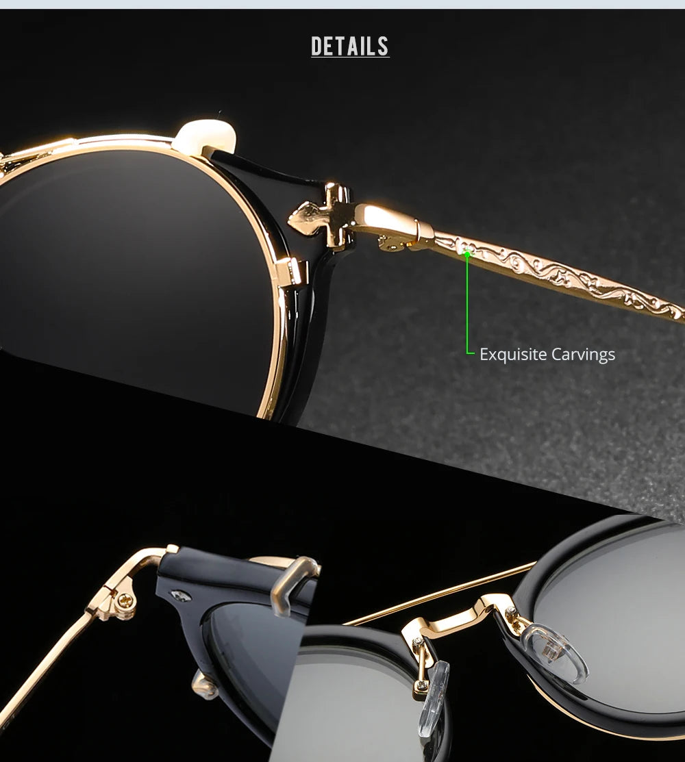 Sonnenbrille rund Steampunk Clip-On abnehmbar polarisiert Markenbox Herren