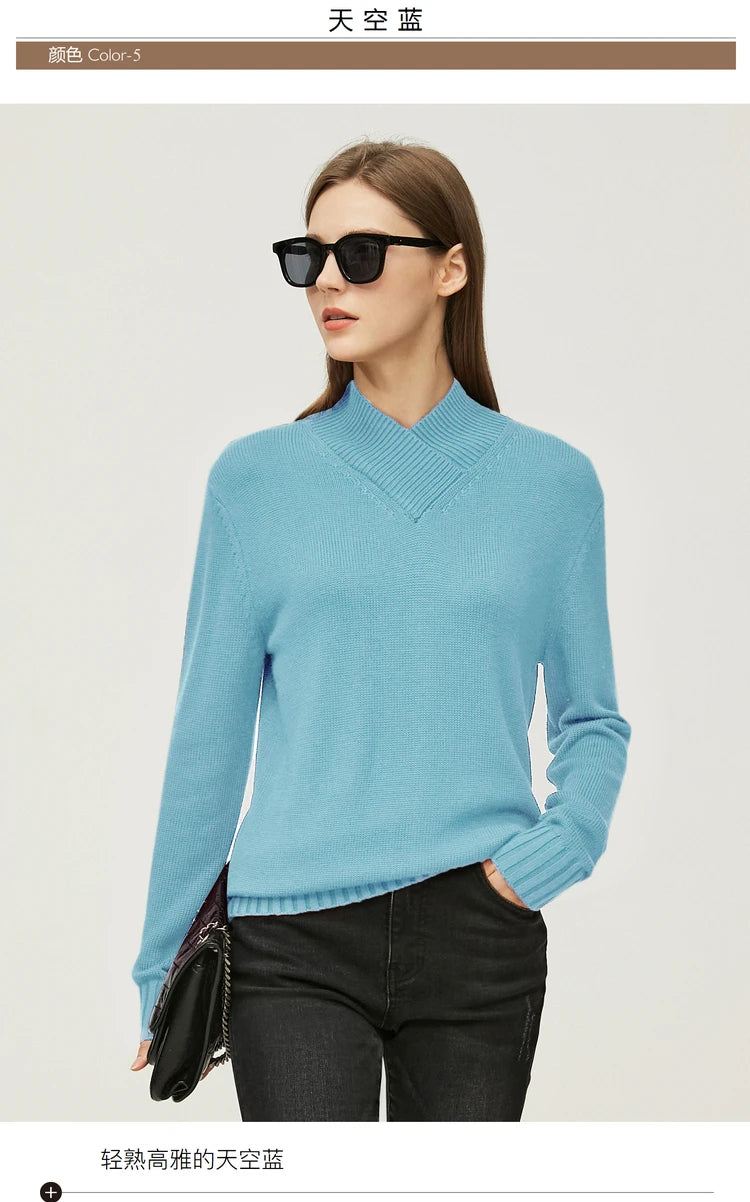 Damenpullover mit geripptem V-Ausschnitt, himmelblau, feines Strickbild und Rippbündchen