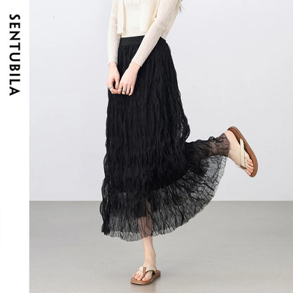 Damen Netzrock im süßen Stil mit Rüschen und hoher Taille