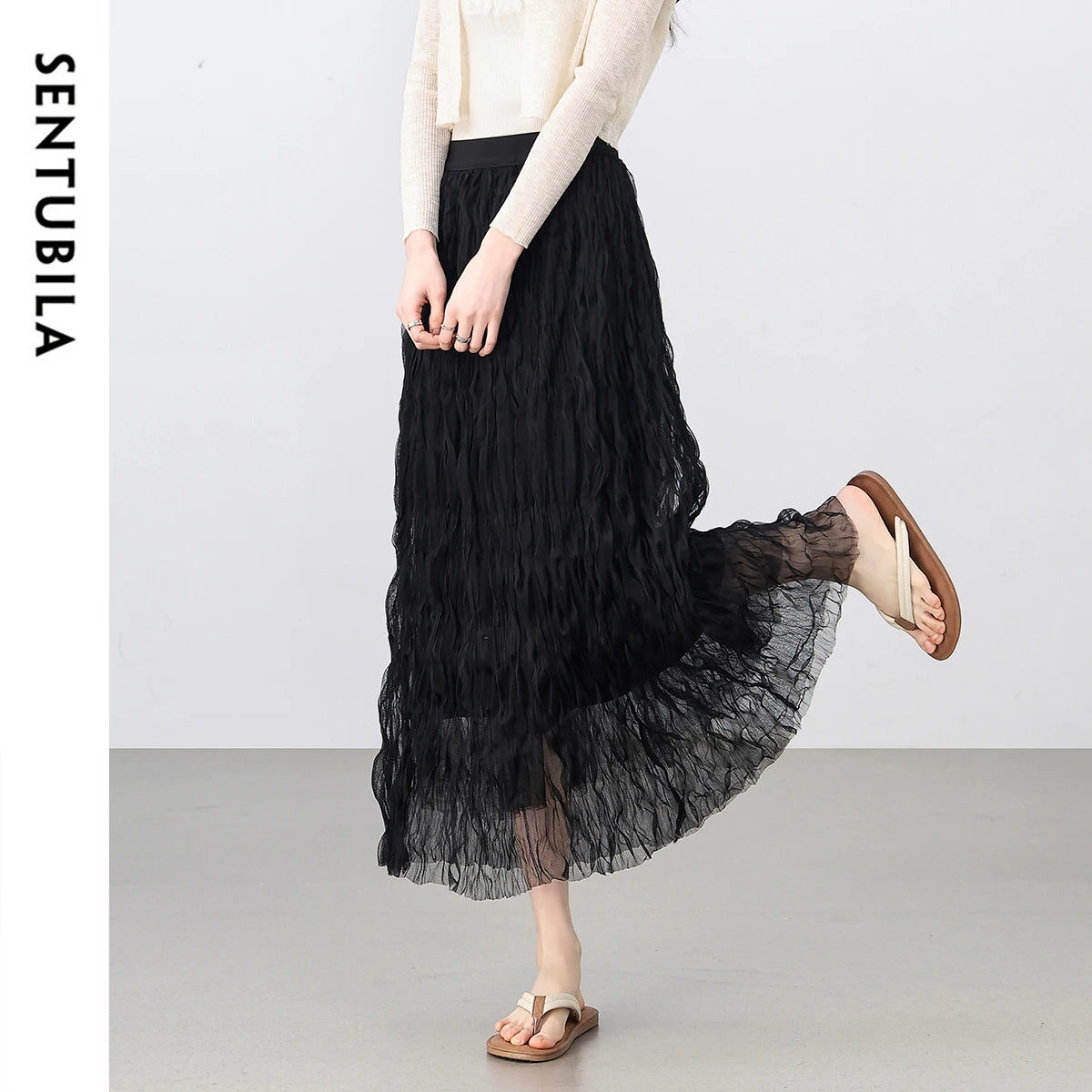 Damen Netzrock im süßen Stil mit hoher Taille und Rüschen